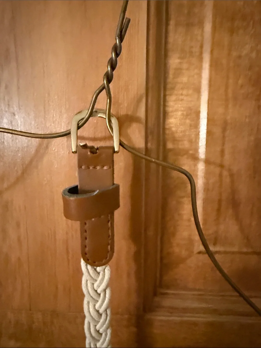Braided cream string brown Leather Belt with Gold Tip